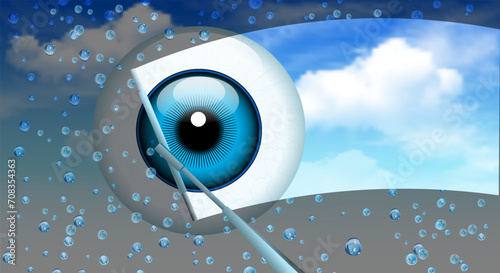 Visual therapy. The human eye with a blue iris, against a blue sky, behind glass with raindrops and wipers that cleanse vision problems. Medical Banner.