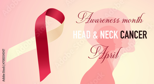 Head and Neck Cancer Awareness Calligraphy Poster Design. Realistic Burgundy and Ivory Ribbon. April is Cancer Awareness Month. Vector photo