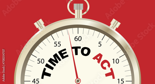 Time to act, concept clock with a secujlmer and a red arrow. Red background. Copy space.