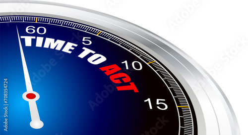 Time to act, text is written on a clock face with arrows, stopwatch with a gradient blue background. Copy space.