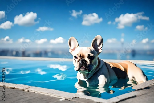 Little french bulldog on the edge of the pool with blue sky in the background © Zoya