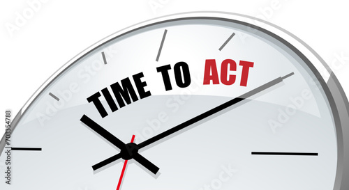 Time to act, the text is written on the dial of the clock with arrows. Copy space.