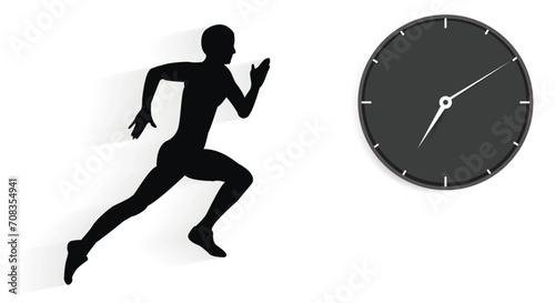 Be ahead of your time, a black silhouette of a running man and a black watch with a dial and hands on a white background. Copy space.