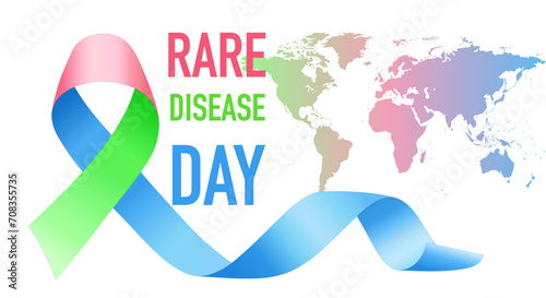 Three-color ribbon for the world rare disease day on 28 of February. On a world map background. photo