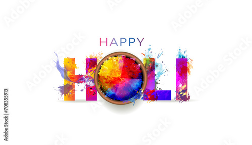 Indian Holi festival poster design. Colourful color splash with Happy holi typography.