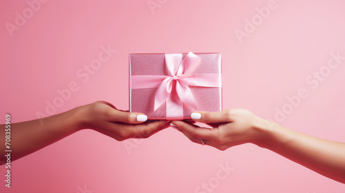 Woman gives a gift to another Woman on a pink background © brillianata