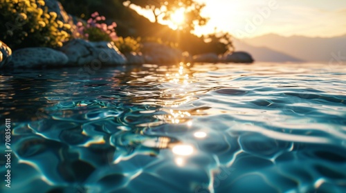 Indulge in the tranquility of a pool at dawn, where the morning sunlight caresses the crystal-clear water,  photo