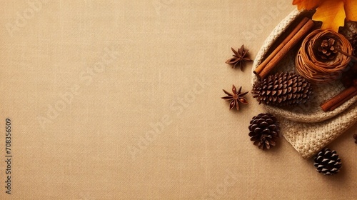 Autumn Mood Concept Top View Photo of Cinnamon Sticks, Anise, and More on Beige Background with Empty Space for Festive Decoration