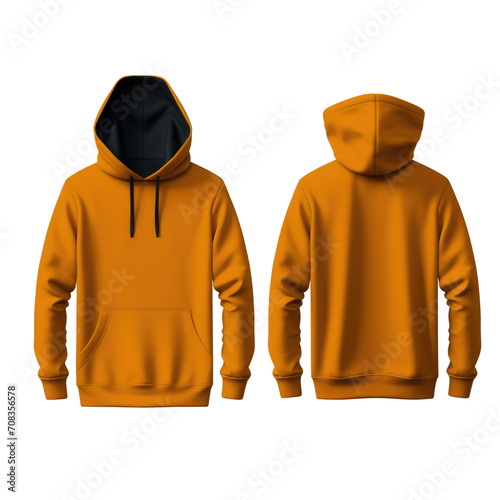 Front and back view of a mustard yellow hoodie, ideal for a comfy and stylish look on transparent background.