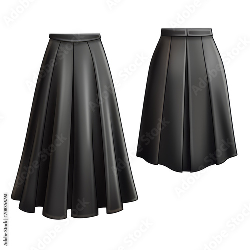 Illustration of a chic black pleated midi skirt from front and back on a transparent background.