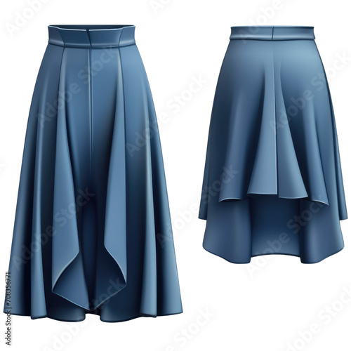 Chic blue pleated midi skirt from front and back on a transparent background.