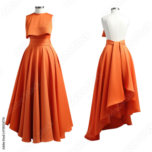 Modern orange pleated dress from front and back on a mannequin on a transparent background.