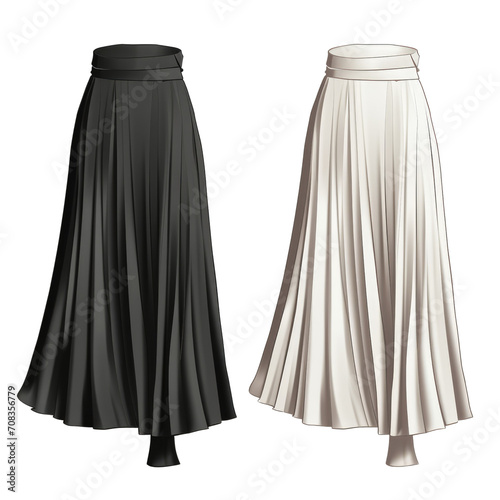 Illustration of a chic black and white draped midi skirt on a transparent background.