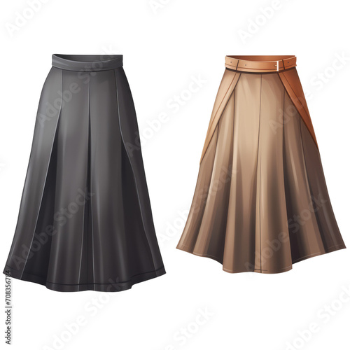 Chic black and brown pleated midi skirt on a transparent background.