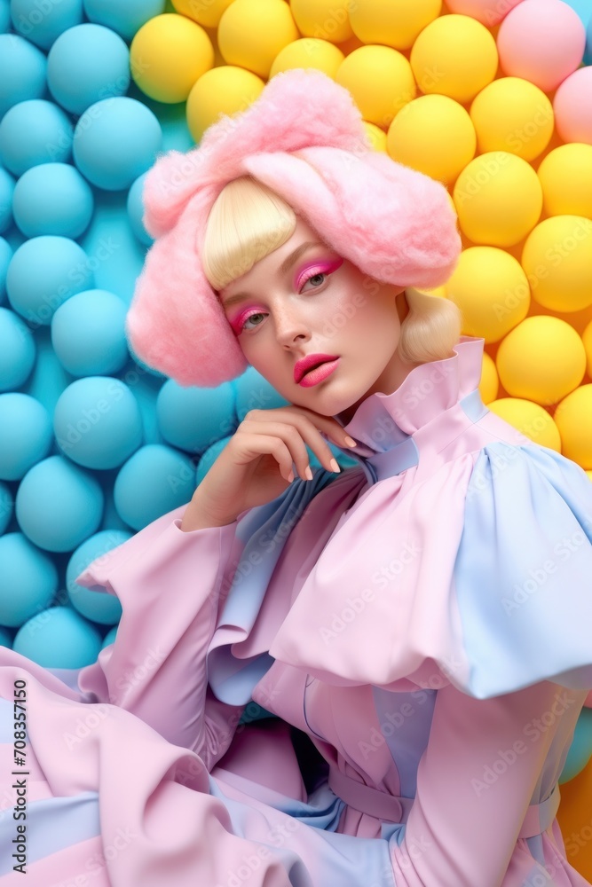 Fashionable portrait of a model with pink cotton candy hair style against a multicolored ball backdrop Fashionable portrait of a model with pink cotton candy hair style against a multicolored ball backdrop