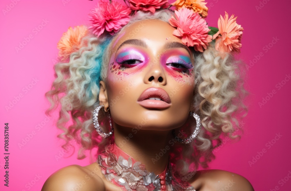 Close-up of a glamorous woman with vibrant makeup and flowers in her curly hair against a pink backdrop
