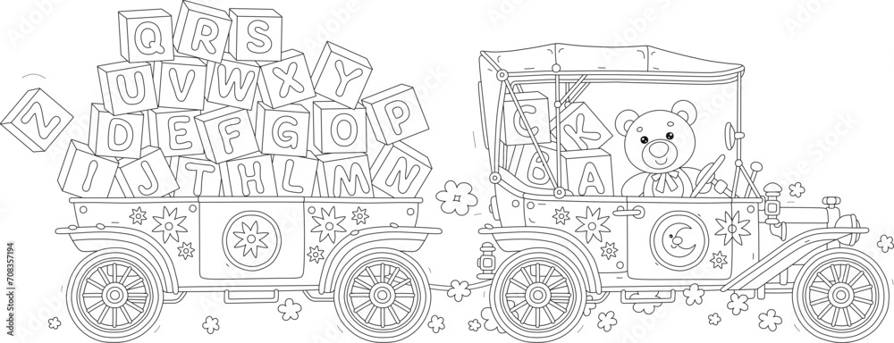 Teddy bear driving a funny decorated retro car and a trailer full of baby cubes with letters of English alphabet, black and white vector cartoon illustration for a coloring book