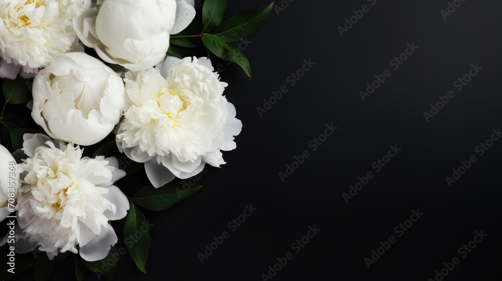 White peonies on a dark background. Minimalistic composition in a dark key