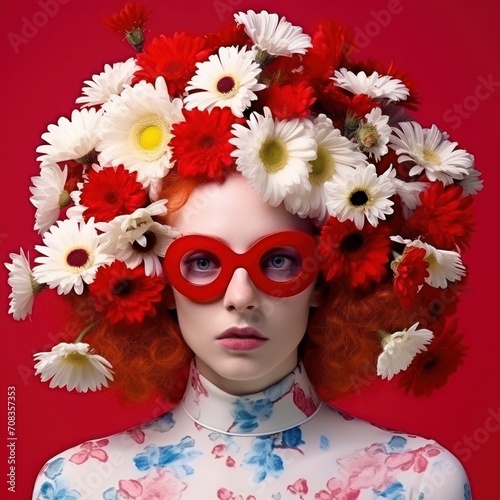 Elegant lady in floral headpiece and red shades poses against a floral backdrop