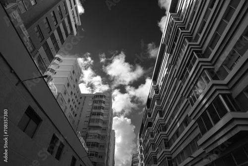 Black and white image of modern apartment building in Las Palmas de Gran Canaria