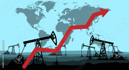 Graphic growth and oil rig. Oil quotes are growing. Oil production. Red arrow the rise in prices for petroleum products in the market. upward trend. Energy crisis