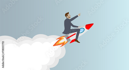Successful happy businessman flying on rocket to goal. Leadership, start-up, growth and opportunity vector business cartoon concept