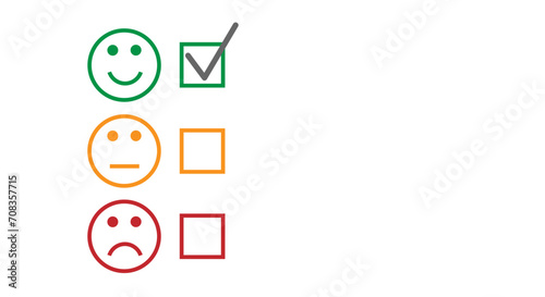 Set of round faces with checkboxes on white background. Three colored faces expressing good level of satisfaction. Vector feedback survey template with copy space. Choose option, yes, maybe, no.