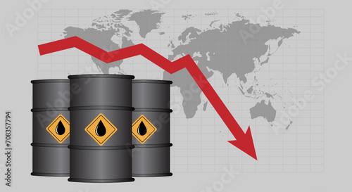 Oil price falls, recession, banner with arrow and oil barrels on the background of the world map. Economic crisis
