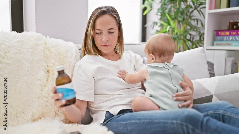 Mother and daughter's cool indoor bonding, reading syrup bottle label on sofa using smartphone at home Mother and daughter's cool indoor bonding, reading syrup bottle label on sofa using smartphone at home