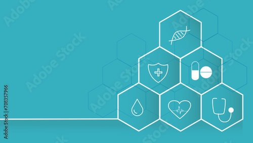 Healthcare background with medical symbols in hexagonal frame.