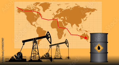 Oil price falls down, recession, banner with an arrow and oil rigs on the background of the world map. Economic crisis
