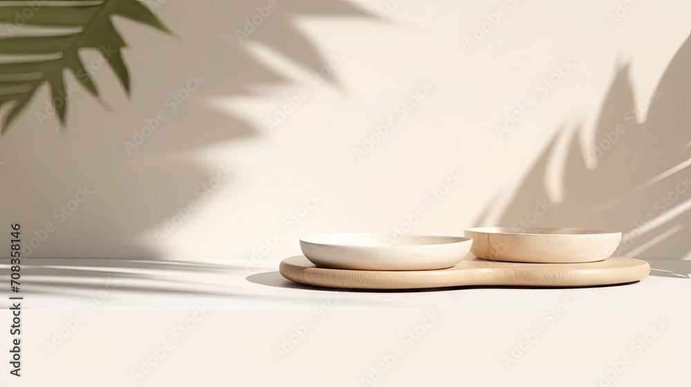 Round wooden podium on beige background for product presentation Round wooden podium on beige background for product presentation