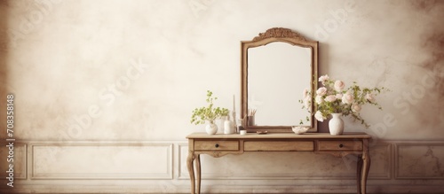 Light room with wooden carved dressing table and blank frame. © TheWaterMeloonProjec