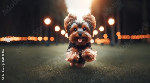 a yorkshire terrier dog running through the grass photo