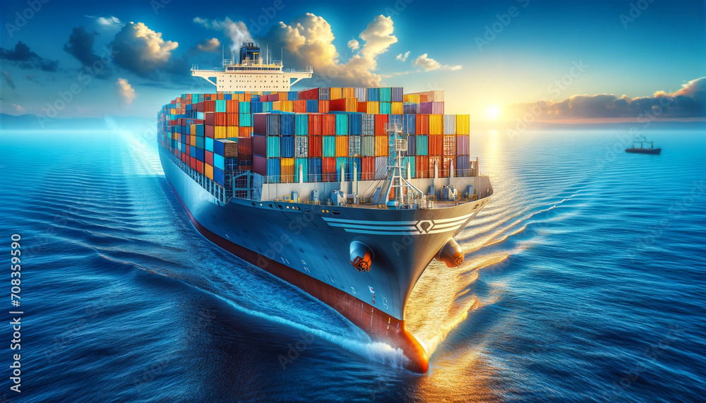 A cargo ship filled with containers travels on the blue sea, banner design, global trade, red sea dispute, business event
 - obrazy, fototapety, plakaty 