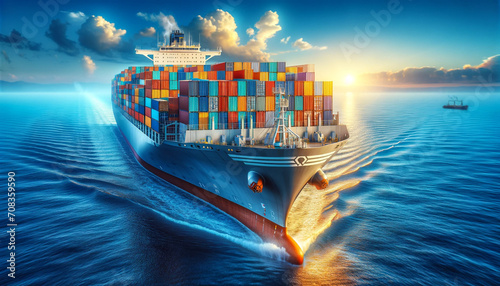 A cargo ship filled with containers travels on the blue sea, banner design, global trade, red sea dispute, business event 