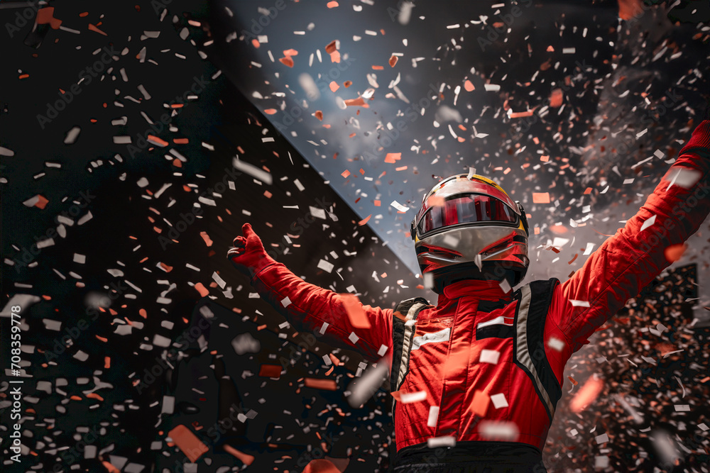 Obraz premium The winning driver of the Formula 1 car race raising his arms from the podium. Confetti flying.
