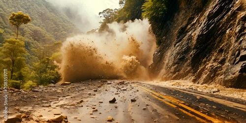 Landslide, rockfall on the road, dust and stones in the air. The concept of natural disasters