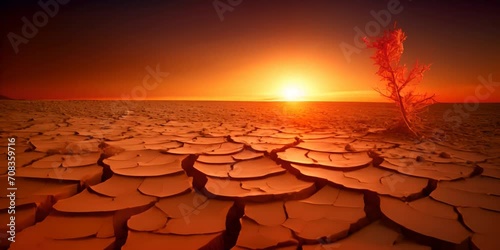 Sunset against a backdrop of a withered tree and cracked earth. The concept of climate change and drought.