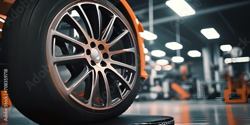 sports car in a service center, focus on the wheel. The concept of maintenance photo