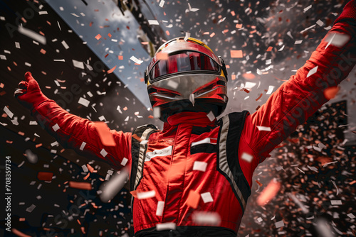 The winning driver of the Formula 1 car race raising his arms from the podium. Confetti flying. © Rojo