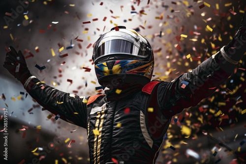 The winning driver of the Formula 1 car race raising his arms from the podium. Confetti flying.