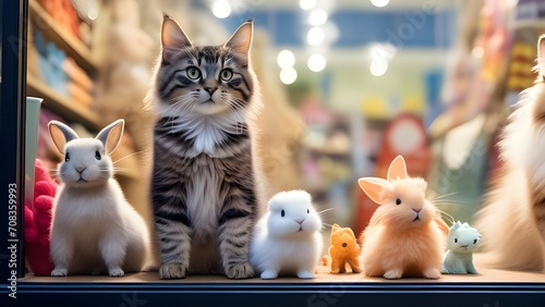 Fluffy pet cat, dog and rabbit exploring a shop with bargain.