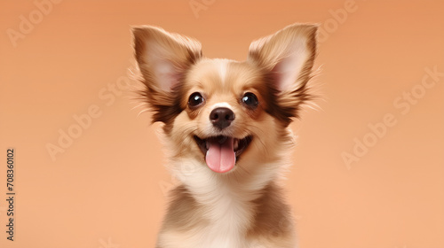 Portrait of a cute joyful Chihuahua puppy on an orange background.