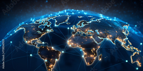 Internet technology with global communication network connected around the world for IoT, telecommunication, data transfer, international connection links,Fibre optics around blue planet 