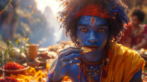 Blue, North Indian with an afro-modeled, alien sitting in on a mountain © zenzali