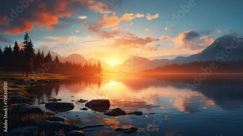 Sunrise over lake generated by AI technology