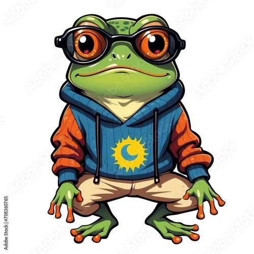Colorful frog, stickers, high quality, colorful, Detailed illustration of a frog wearing a sweater and Solar Eclipse Glasses, awesome full color,
