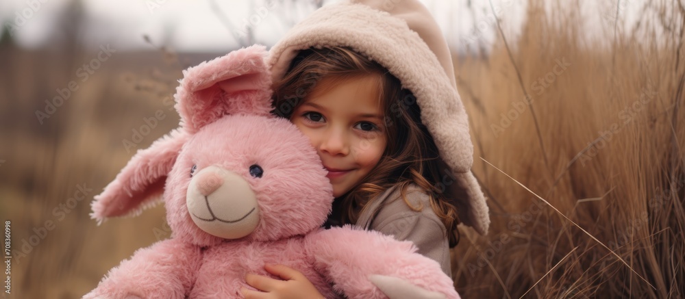Child in bunny costume embraces large pink plush bunny outdoors. Child in bunny costume embraces large pink plush bunny outdoors.