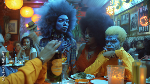Blue, African American-modeled, alien in a restaurant/bar with friends © zenzali